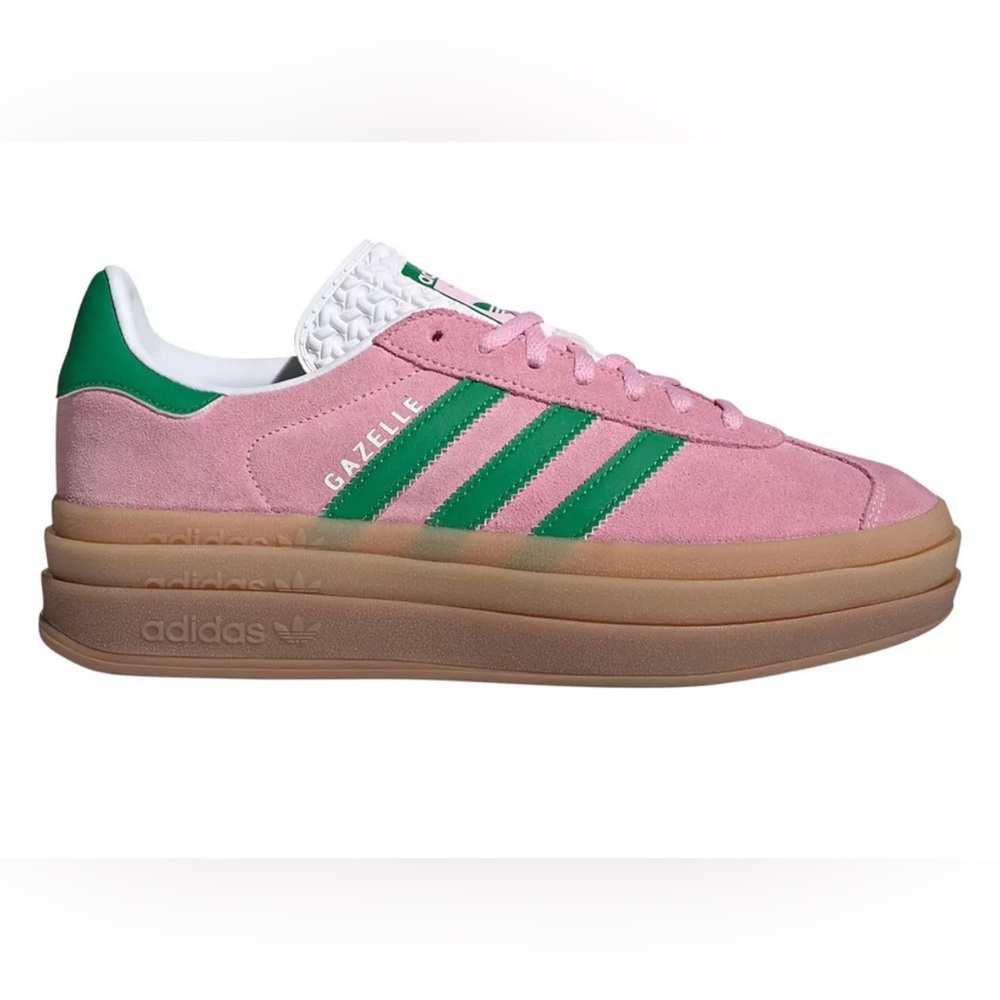 adidas Gazelle Sneakers Pink with Green Stripes and Gum Sole